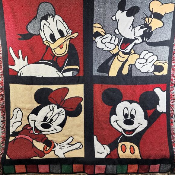 Unbranded Other - Vintage Disney Mickey & Friends Knitted Lap Throw Fringe Edge Blanket 54"x49"